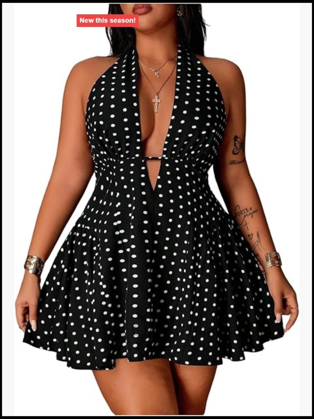 Plus Size Polka Dots Halter Neck Mini Dress A-Line Ruffle Going Out Dress